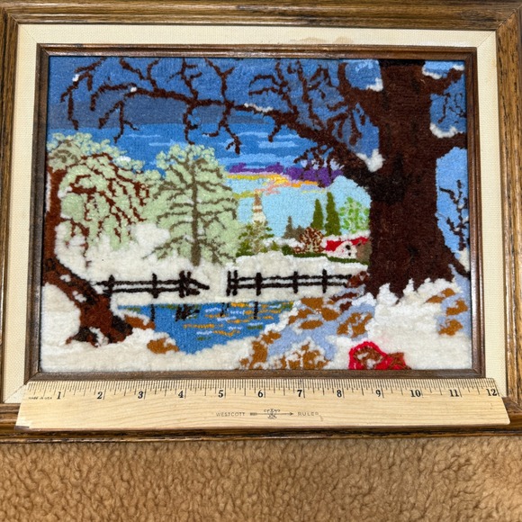 VTG 1980s Framed Custom Yarn Art Barn House Winter Fall - 9x13 Lot of 2 Crewel - Picture 6 of 10